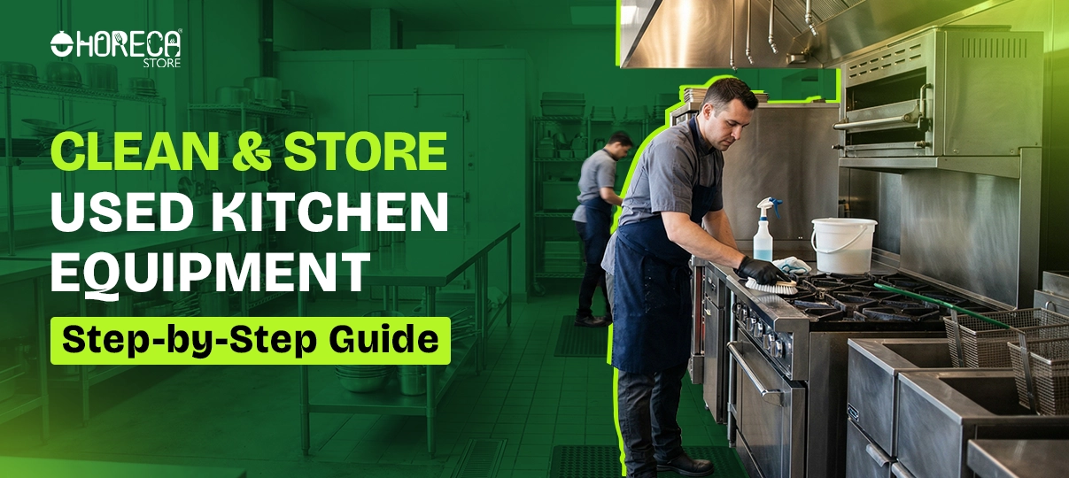 Cleaning used commercial kitchen equipment with chef sanitizing stove and restaurant cooking appliances