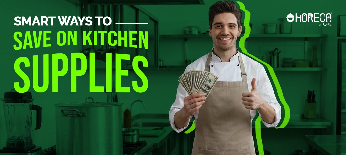 Chef holding cash and giving thumbs up in a commercial kitchen, promoting smart ways to save on kitchen supplies for restaurants and horeca businesses.