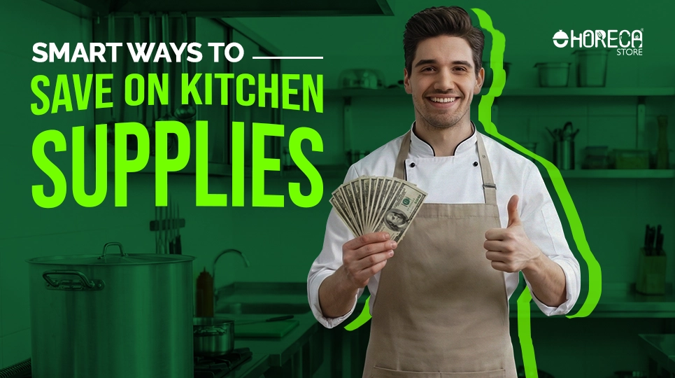 Chef holding cash and giving thumbs up in a commercial kitchen, promoting smart ways to save on kitchen supplies for restaurants and horeca businesses.