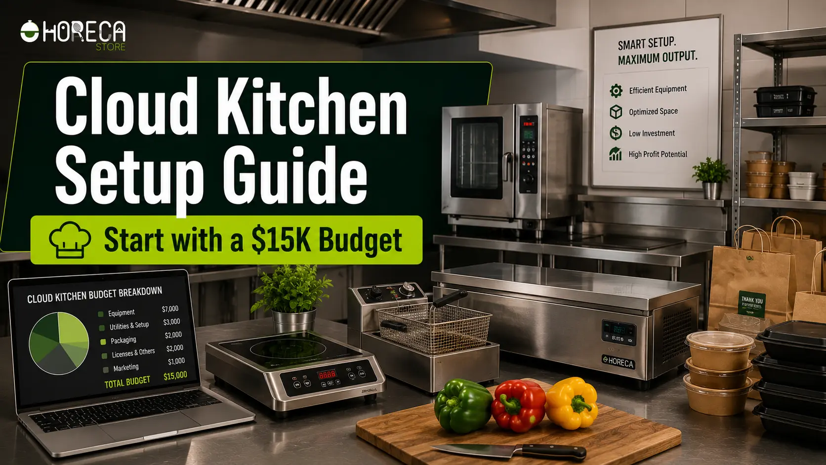 Learn how to set up a cloud kitchen on a $15K budget with essential equipment, smart space planning, packaging, and startup costs.