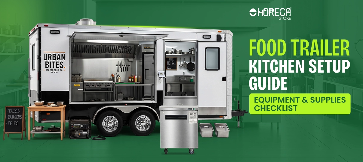 Food trailer kitchen setup guide with equipment and supplies checklist – mobile food truck kitchen featuring commercial cooking equipment, prep area, and refrigeration units for catering business