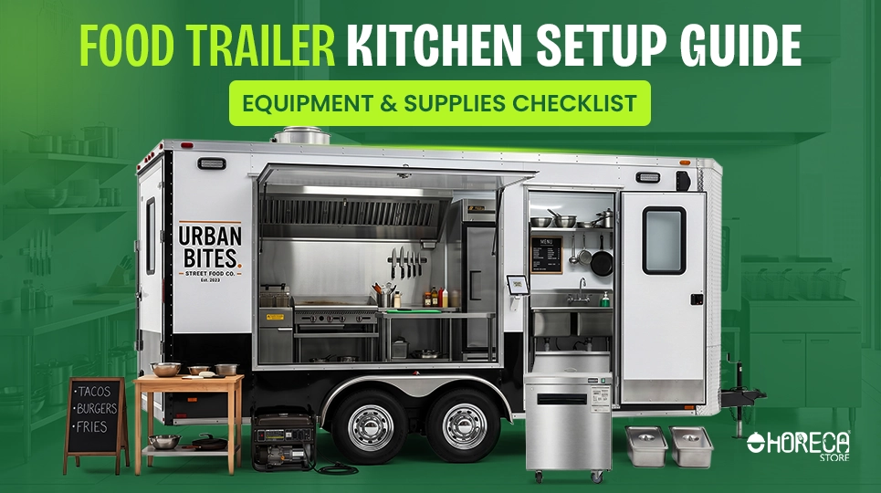 Food trailer kitchen setup guide with equipment and supplies checklist – mobile food truck kitchen featuring commercial cooking equipment, prep area, and refrigeration units for catering business