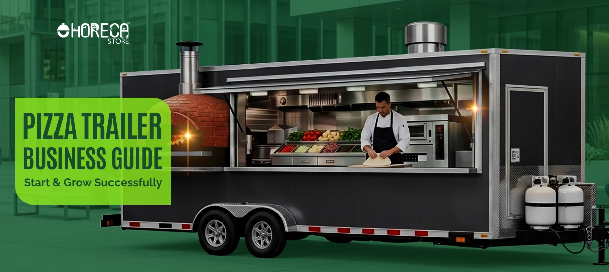 Pizza trailer business guide featuring mobile pizza trailer kitchen with professional chef, commercial cooking equipment, and tips to start and grow a successful pizza trailer business.