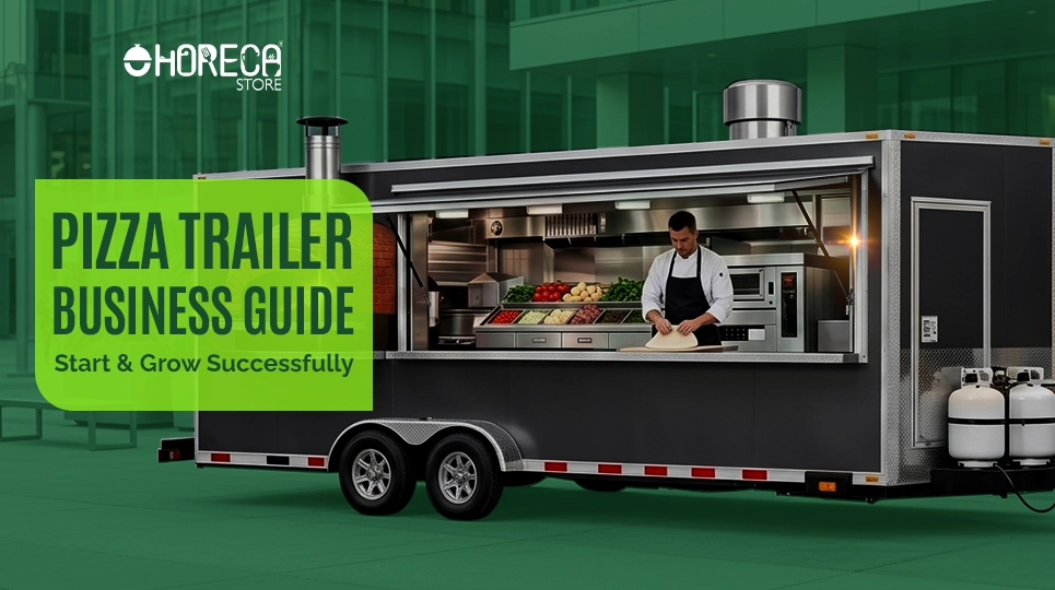 Pizza trailer business guide featuring mobile pizza trailer kitchen with professional chef, commercial cooking equipment, and tips to start and grow a successful pizza trailer business.