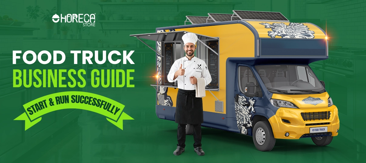 Food truck business guide featuring modern mobile food truck with professional chef, commercial kitchen setup, and tips to start and run a successful food truck business.
