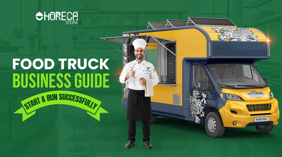Food truck business guide featuring modern mobile food truck with professional chef, commercial kitchen setup, and tips to start and run a successful food truck business.