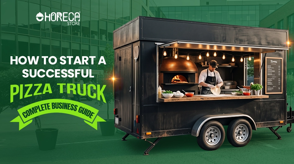 How to start a successful pizza truck business guide featuring mobile pizza food trailer with wood fired oven, commercial kitchen setup, and professional pizza chef for food truck entrepreneurs.