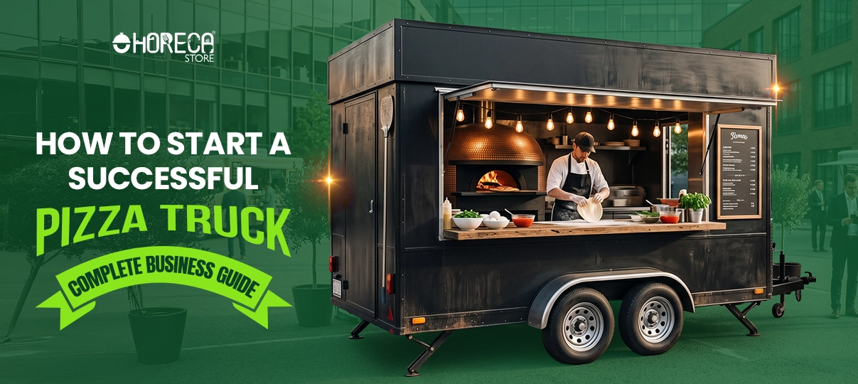 How to start a successful pizza truck business guide featuring mobile pizza food trailer with wood fired oven, commercial kitchen setup, and professional pizza chef for food truck entrepreneurs.
