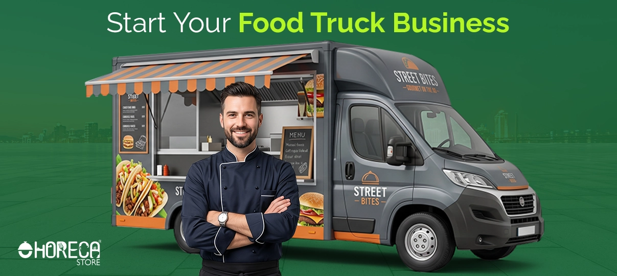 Start your food truck business guide featuring modern mobile food truck, professional chef, and commercial kitchen setup for street food entrepreneurs and foodservice startups.
