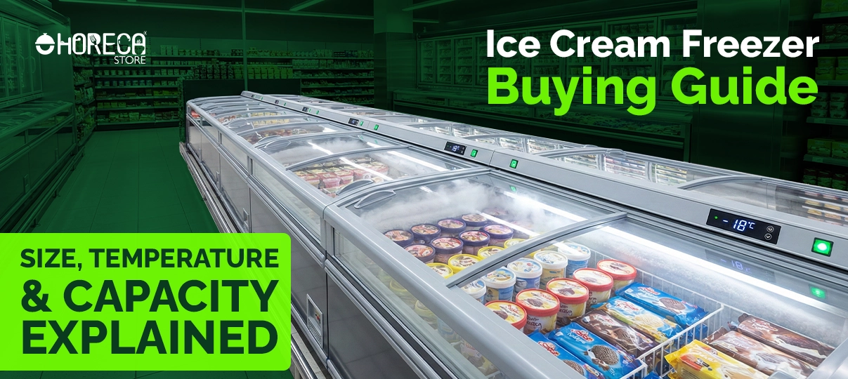 Commercial ice cream freezer units with transparent glass tops, stocked with frozen desserts and designed for retail food stores