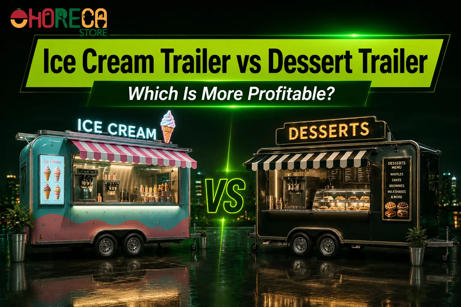 Comparison of an ice cream trailer and a dessert trailer, showcasing mobile food business concepts and profitability differences, with the headline "Ice Cream Trailer vs Dessert Trailer: Which Is More Profitable?"
