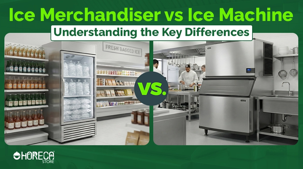Side-by-side comparison showing a commercial ice merchandiser and a commercial ice machine in food service settings