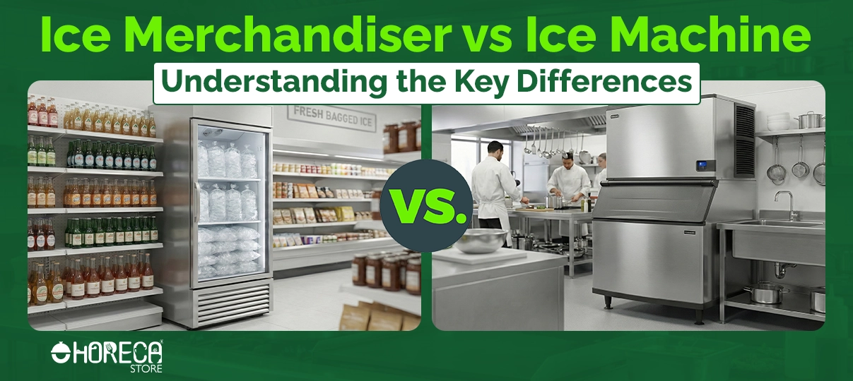 Side-by-side comparison showing a commercial ice merchandiser and a commercial ice machine in food service settings