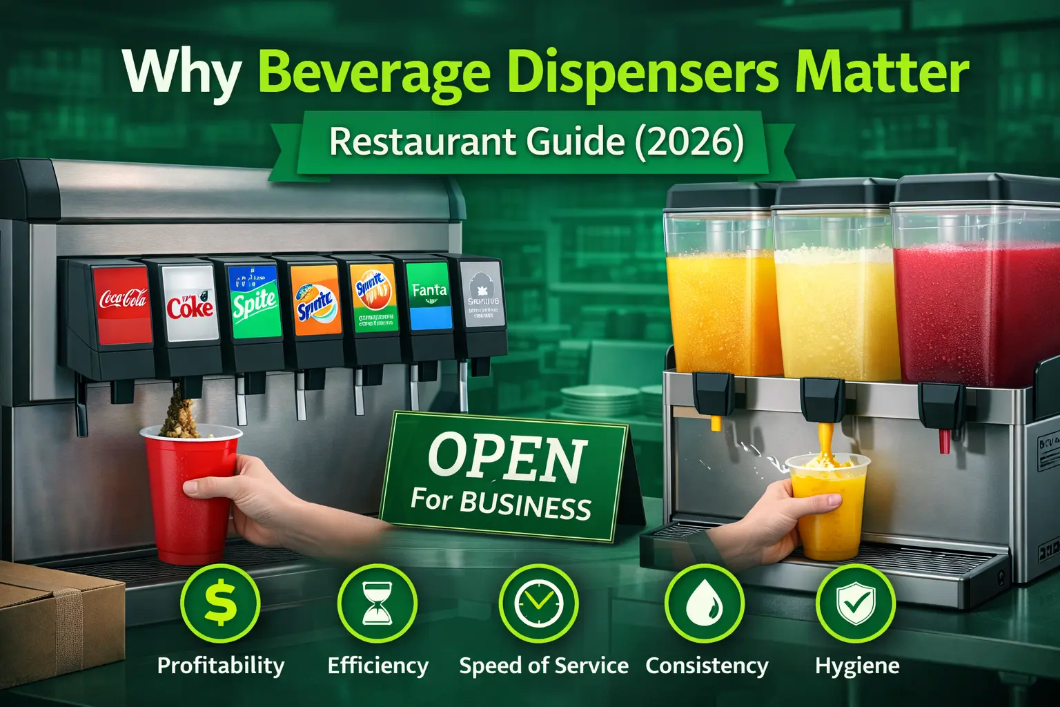 Commercial beverage dispensers serving soft drinks and juices in restaurant setup, highlighting benefits like profitability, efficiency, speed, and hygiene for food service businesses