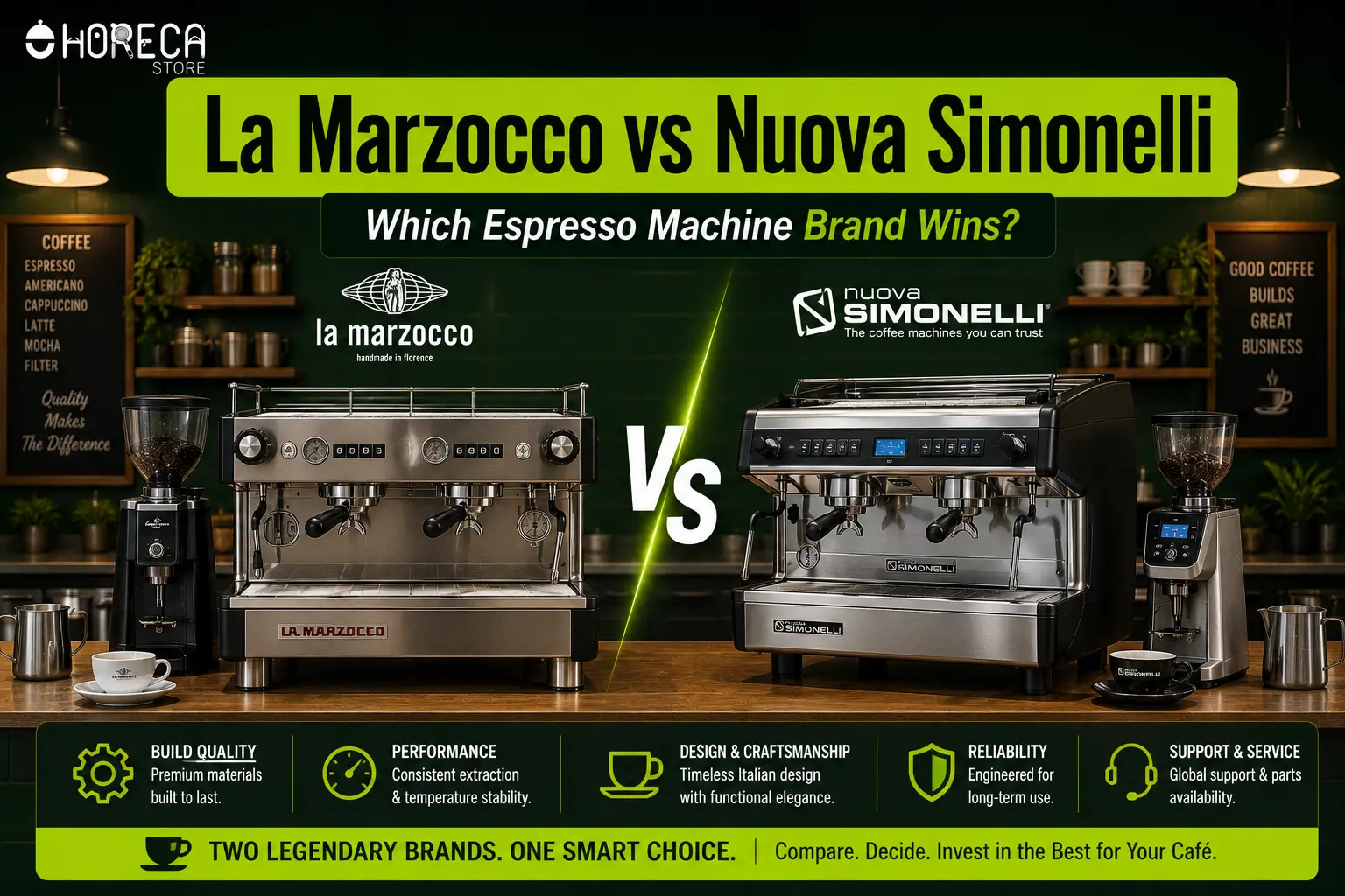 Compare La Marzocco vs Nuova Simonelli espresso machines for performance, durability, features, and long-term café value.