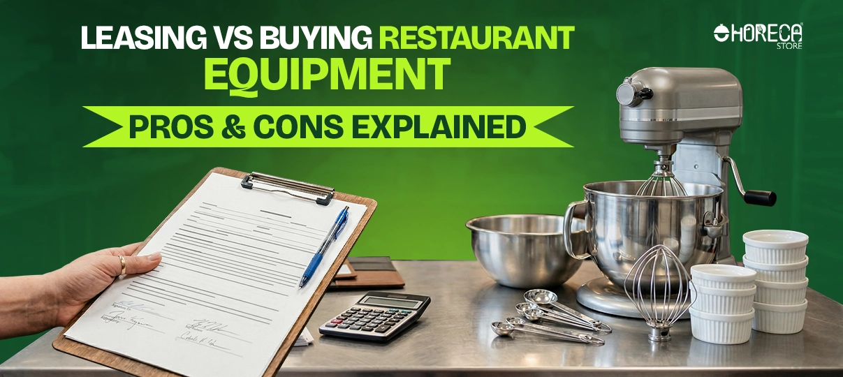 Leasing vs buying restaurant equipment with commercial mixer and contract document for business decision