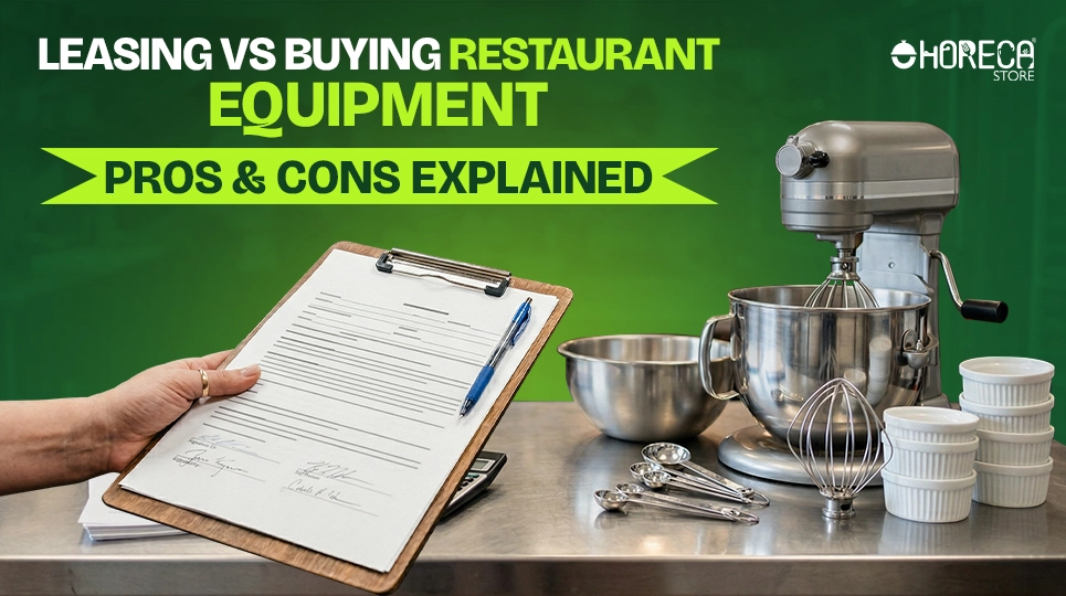 Leasing vs buying restaurant equipment with commercial mixer and contract document for business decision