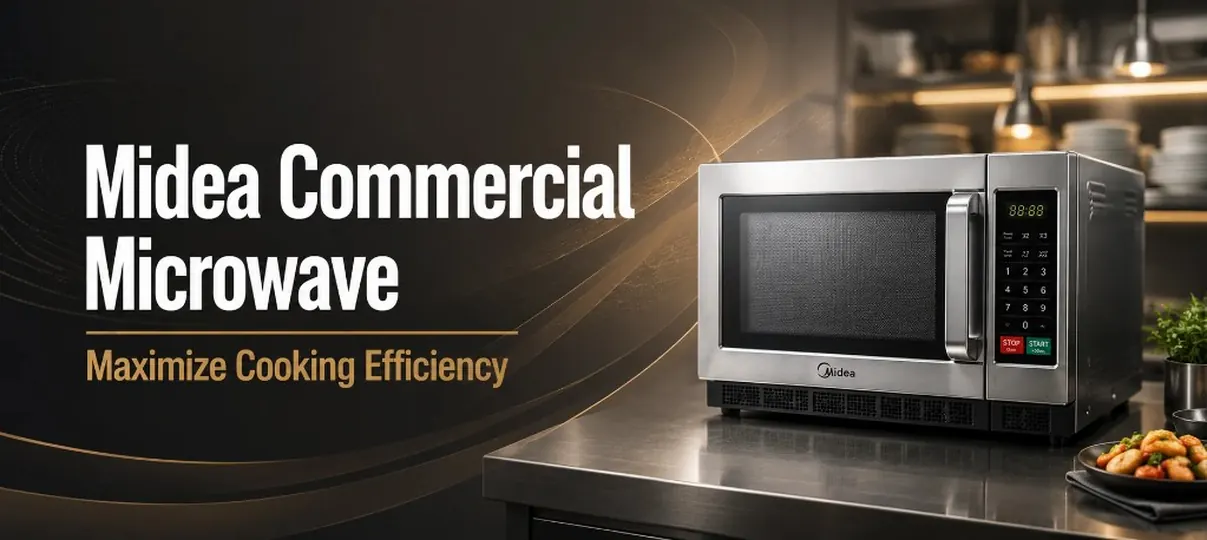 Desktop banner for Midea commercial microwave showing a stainless steel Midea microwave on a kitchen counter with a plate of food, white headline Midea Commercial Microwave, and Maximize Cooking Efficiency tagline
