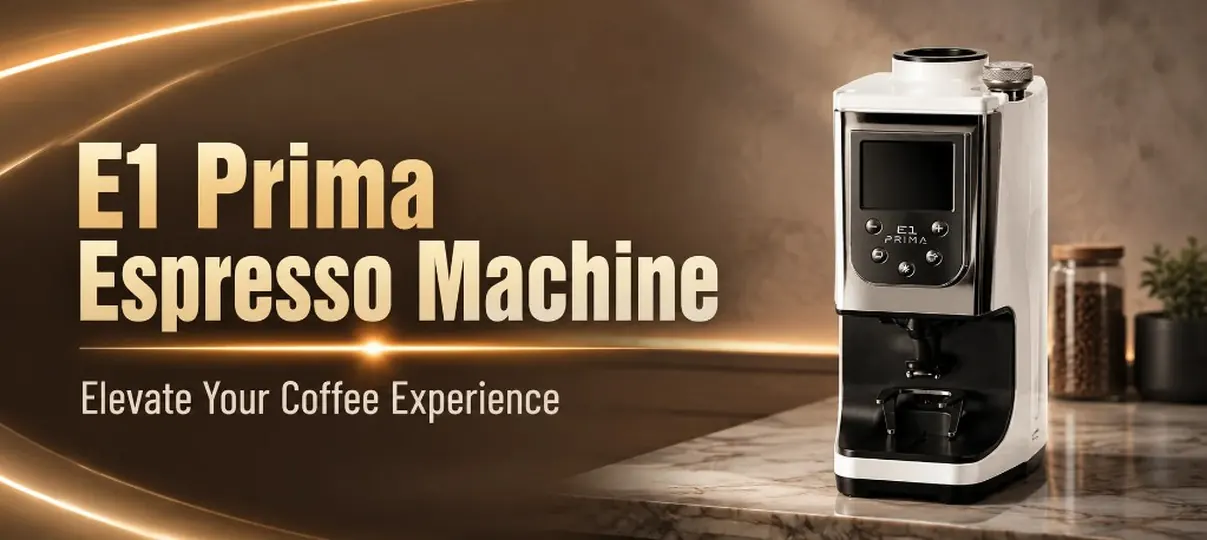 Desktop banner for the E1 Prima espresso machine showing a sleek white and chrome single-group machine on a marble countertop with coffee beans, gold headline E1 Prima Espresso Machine, and Elevate Your Coffee Experience tagline