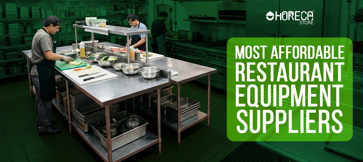 Commercial kitchen staff preparing food at stainless steel prep table with restaurant equipment