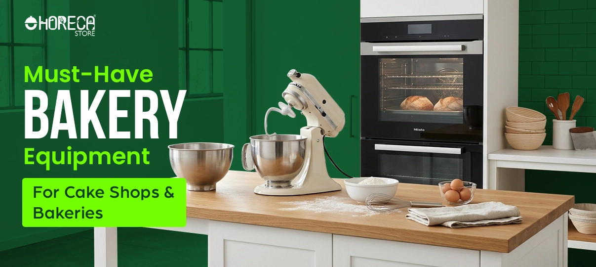 Must-have bakery equipment for cake shops and bakeries featuring stand mixer, mixing bowls, and commercial oven setup