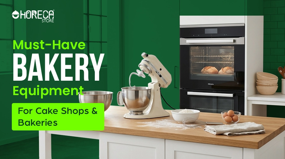 Must-have bakery equipment for cake shops and bakeries featuring stand mixer, mixing bowls, and commercial oven setup