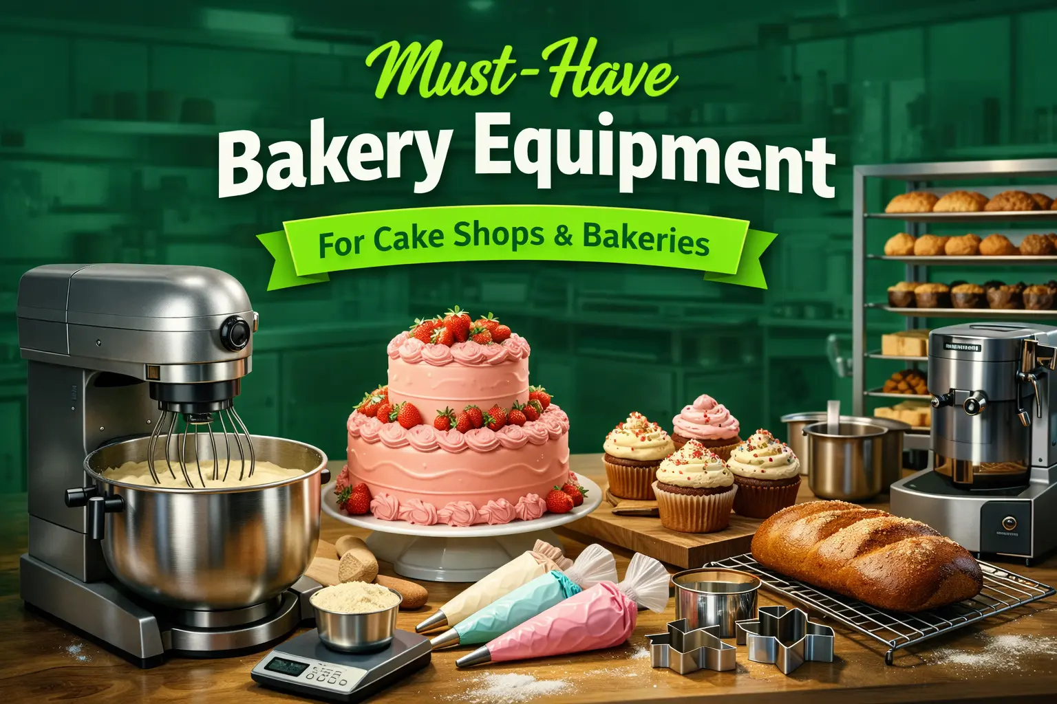Commercial bakery equipment setup with stand mixer, cakes, cupcakes, bread and baking tools, showcasing must-have bakery equipment for cake shops and professional bakeries