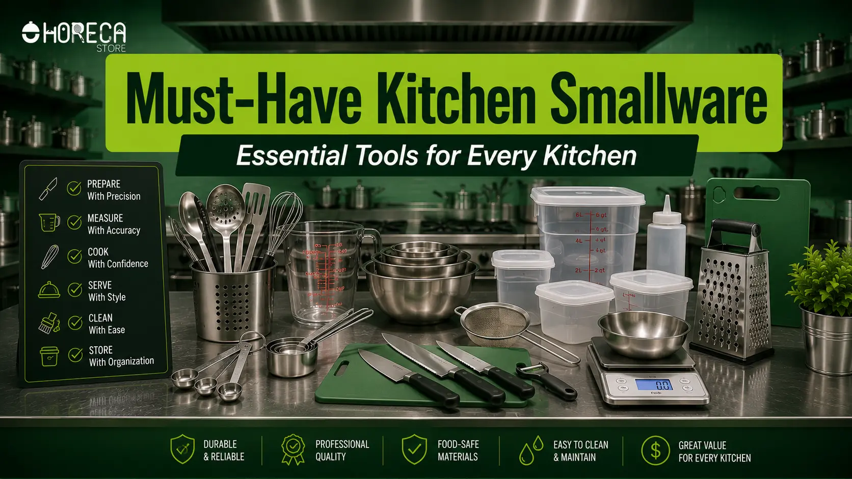 Must-have kitchen smallware including knives, measuring tools, mixing bowls, storage containers, graters, and food prep essentials.
