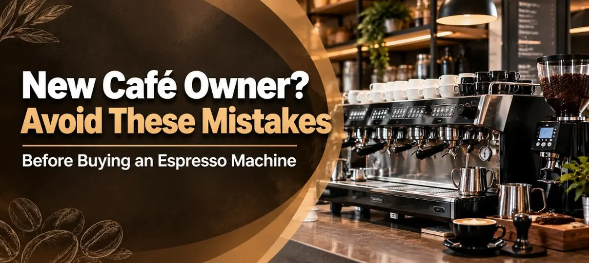 Cafe bar with a commercial espresso machine, a coffee grinder full of beans, stacked cups, and a latte on the counter