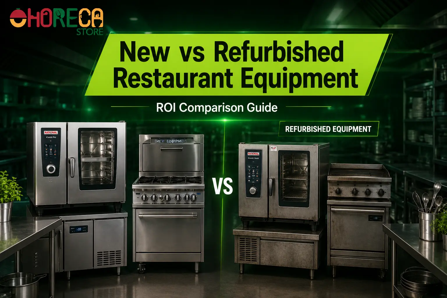Comparison of new vs refurbished restaurant equipment including combi ovens, refrigeration units, and cooking ranges in a commercial kitchen, highlighting an ROI comparison guide.
