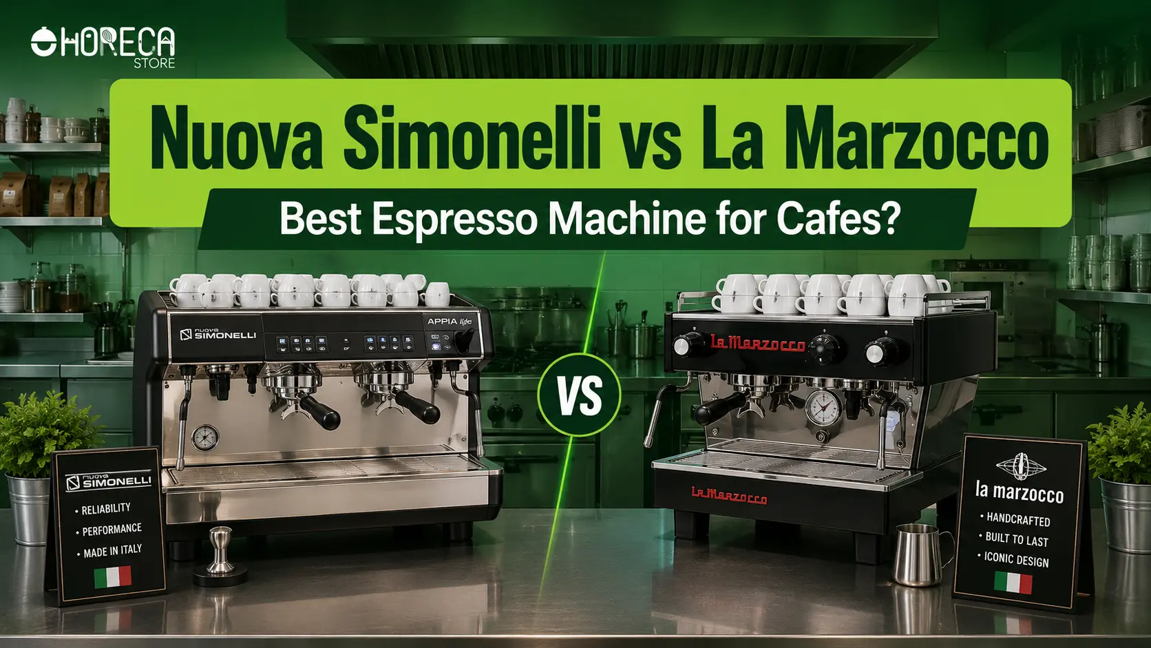 Nuova Simonelli vs La Marzocco espresso machine comparison featuring commercial espresso machines, café equipment, and barista-focused coffee solutions.