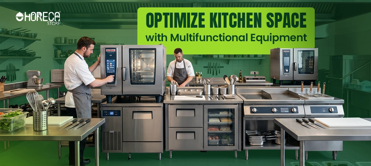 Optimize kitchen space with multifunctional equipment including combi ovens, prep stations, and refrigerated worktables.