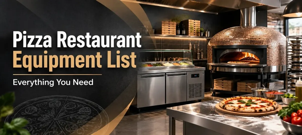 Desktop banner of a pizza kitchen with copper dome oven, refrigerated prep table, and fresh pizza