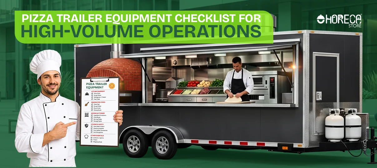 Pizza trailer equipment checklist for high-volume operations featuring mobile pizza trailer, brick oven, prep station, refrigeration, and commercial kitchen equipment.