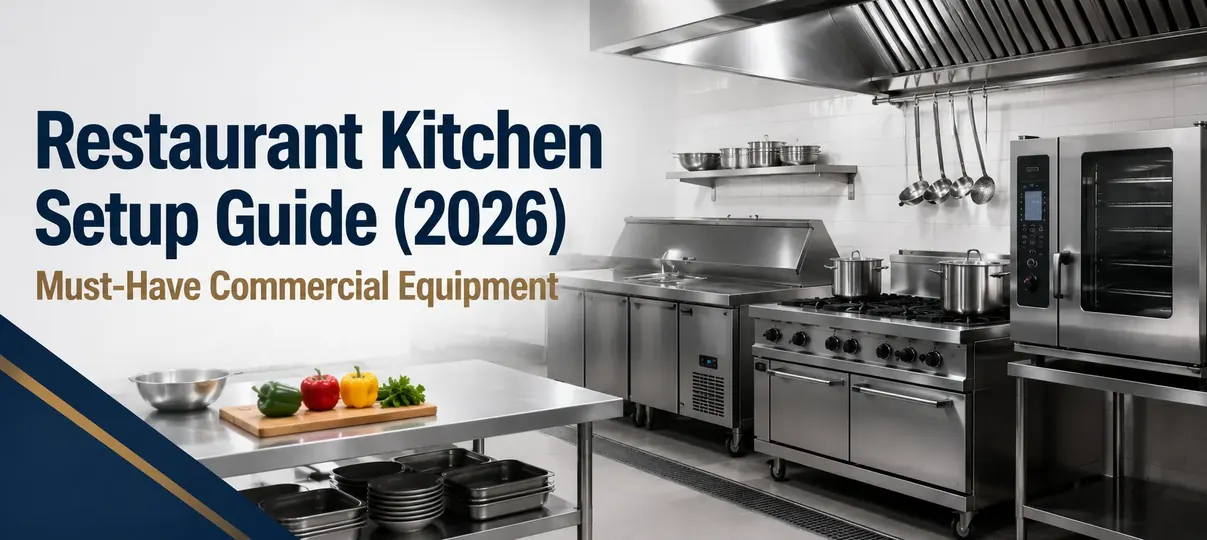 Restaurant Kitchen Setup Guide 2026 banner showing a professional commercial kitchen with stainless steel prep tables, gas range with pots, convection oven, and fresh bell peppers on a cutting board