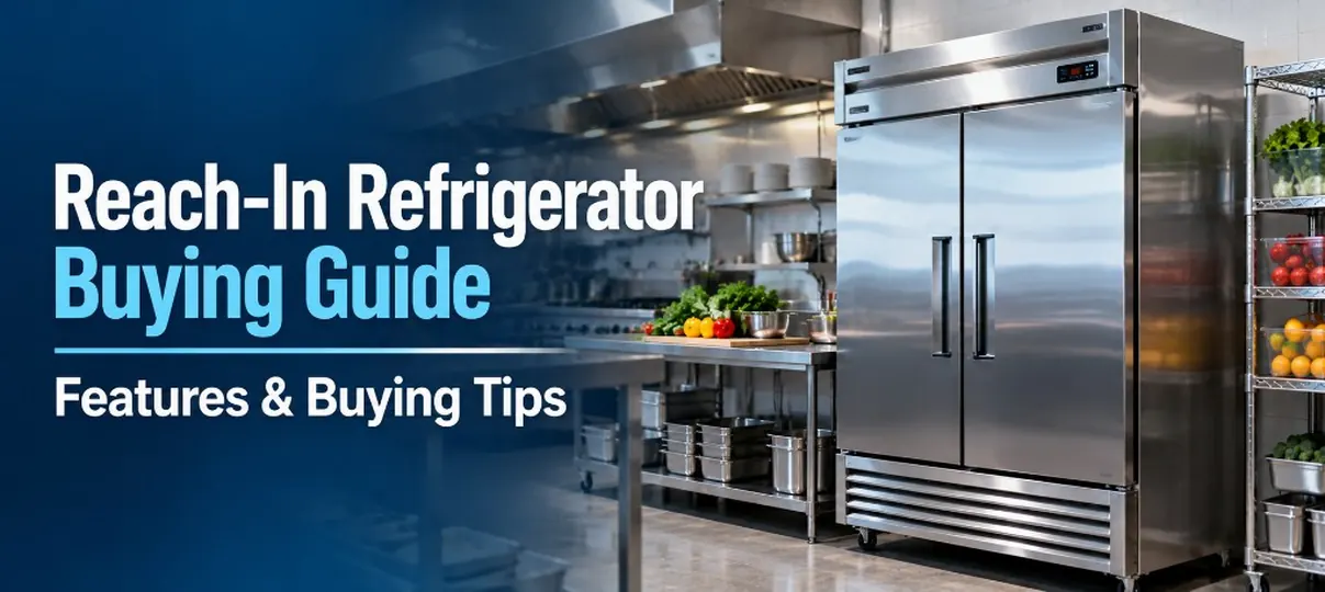 Desktop banner of a commercial kitchen with a stainless two-door reach-in refrigerator, a prep table holding vegetables, an exhaust hood, wire shelving stocked with produce, and the headline Reach-In Refrigerator Buying Guide, Features and Buying Tips
