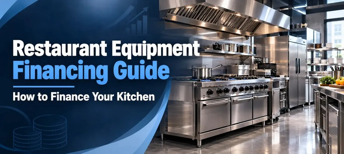 Desktop banner of a commercial kitchen with stainless gas range, stockpots, exhaust hood, and reach-in refrigerators, plus headline Restaurant Equipment Financing Guide How to Finance Your Kitchen