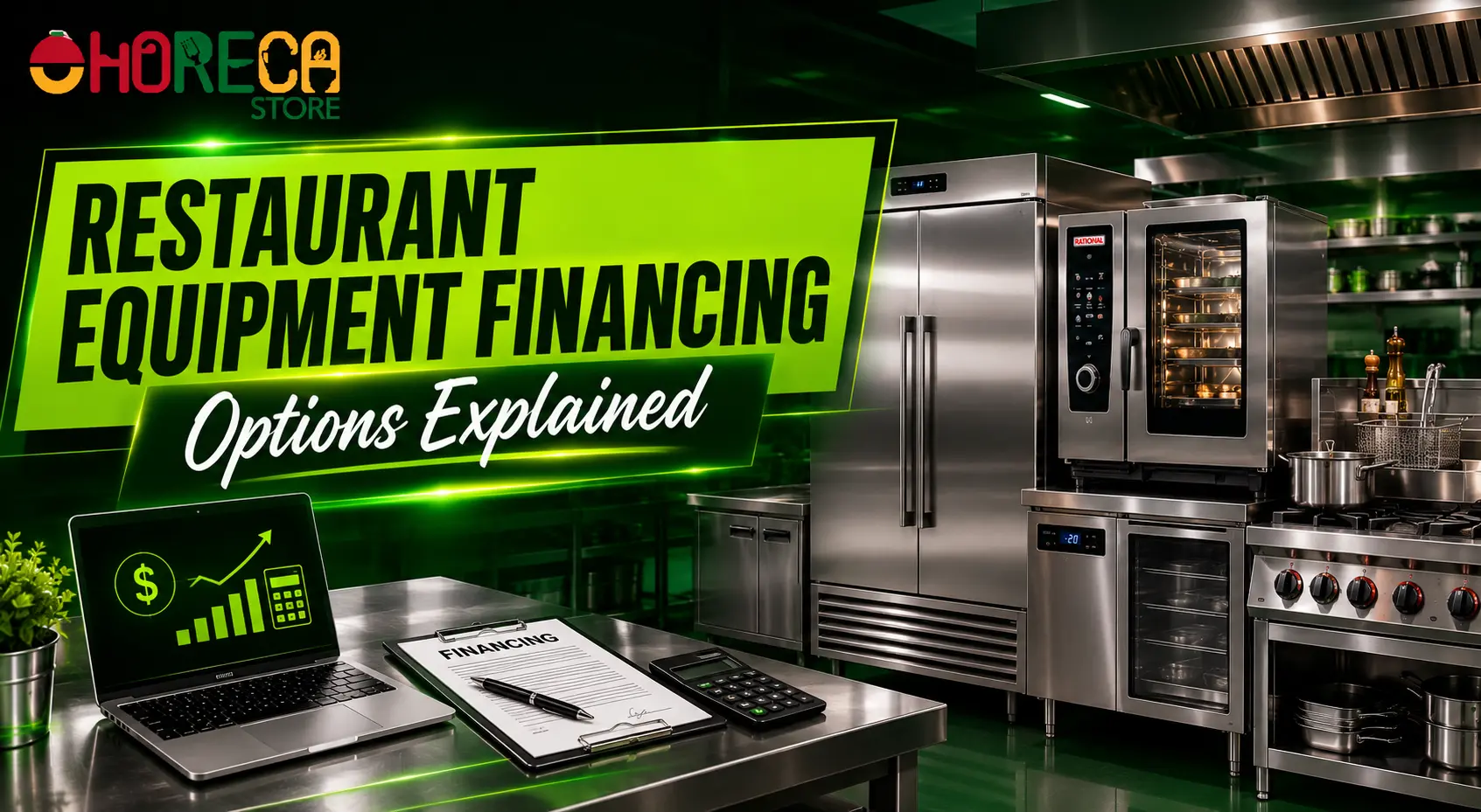 Commercial kitchen with restaurant equipment including a refrigerator, combi oven, and range, alongside financing documents and a laptop displaying financial growth, promoting restaurant equipment financing options.