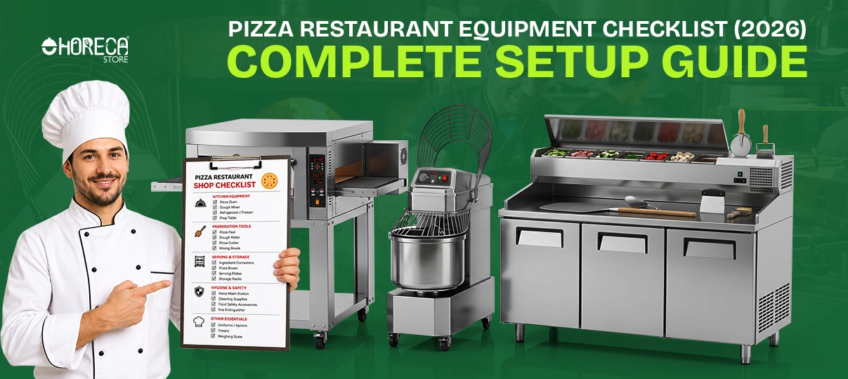 Pizza restaurant equipment checklist 2026 complete setup guide – chef holding checklist with pizza oven, dough mixer, and refrigerated prep table for commercial kitchen setup
