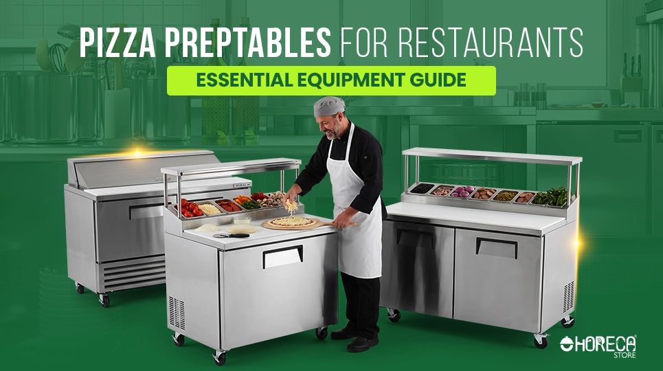 Pizza prep tables for restaurants essential equipment guide – chef preparing pizza on refrigerated prep table with ingredient toppings in commercial kitchen setup