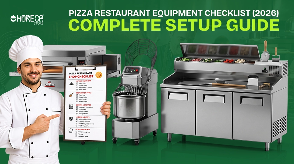 Pizza restaurant equipment checklist 2026 complete setup guide – chef holding checklist with pizza oven, dough mixer, and refrigerated prep table for commercial kitchen setup