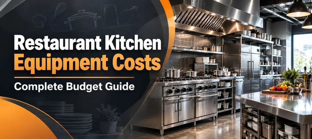 Desktop banner of a commercial kitchen with stainless range, ovens, exhaust hood, reach-in refrigerator, and prep island, plus headline Restaurant Kitchen Equipment Costs Complete Budget Guide