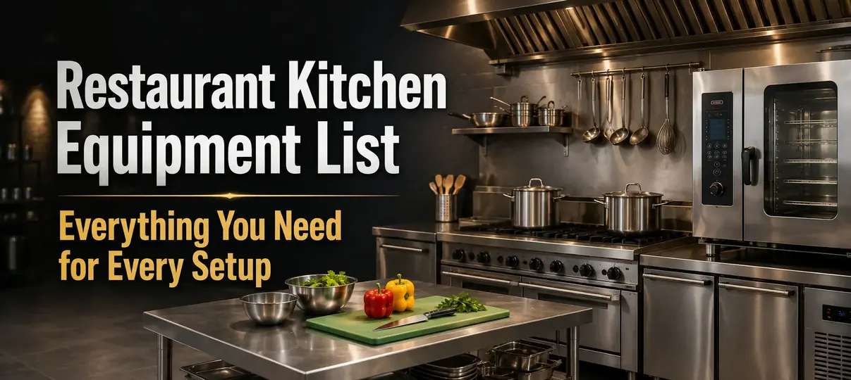 Professional commercial kitchen with stainless steel range, oven, prep table, chef knife, bell peppers, and mixing bowls, titled Restaurant Kitchen Equipment List: Everything You Need for Every Setup.