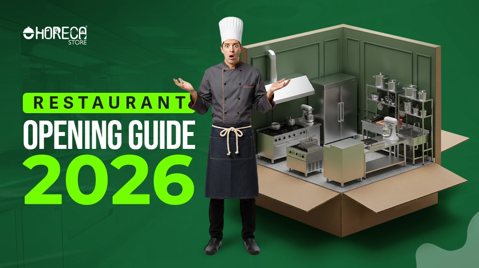 Restaurant Opening Guide 2026 banner showing a professional chef standing beside a boxed commercial kitchen setup with restaurant equipment, symbolizing step-by-step restaurant planning by Horeca Store.