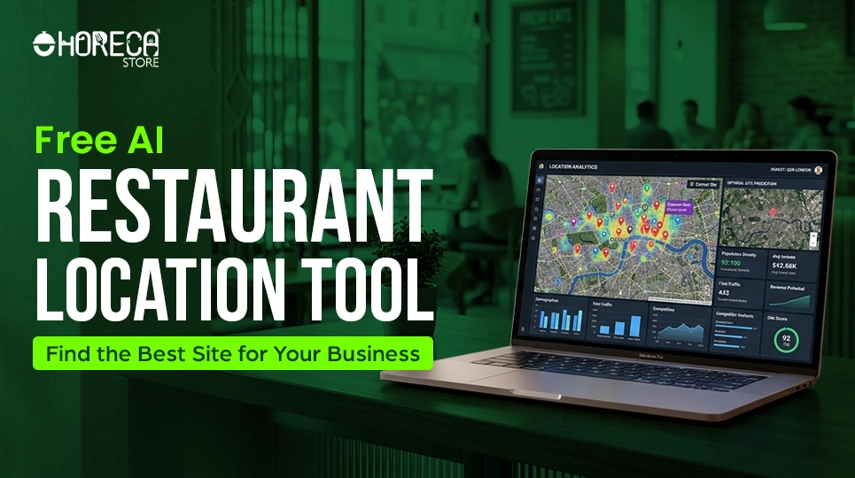 Free AI restaurant location tool by HorecaStore showing laptop with map analytics dashboard to find the best restaurant site for business growth