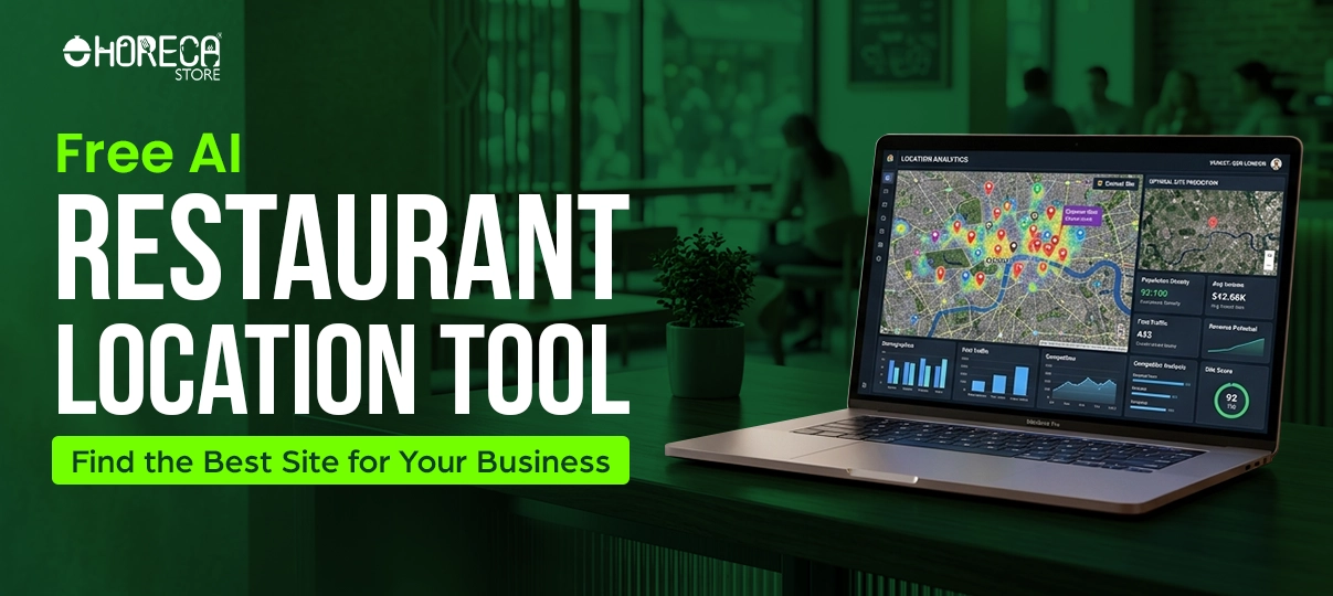 Free AI restaurant location tool by HorecaStore showing laptop with map analytics dashboard to find the best restaurant site for business growth