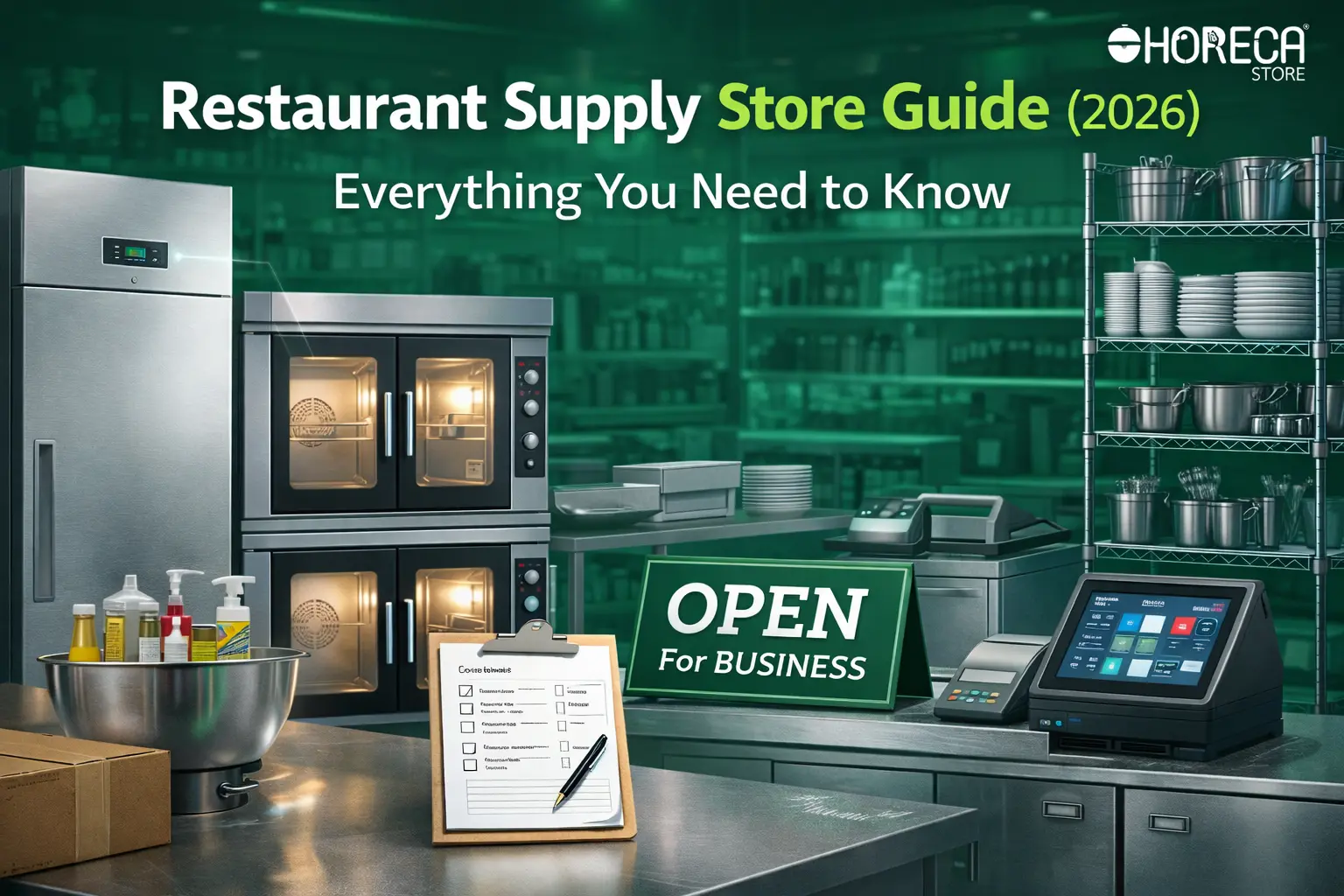 Commercial restaurant supply store setup with ovens, POS system, kitchen equipment and utensils, highlighting complete restaurant supply store guide for food businesses in 2026
