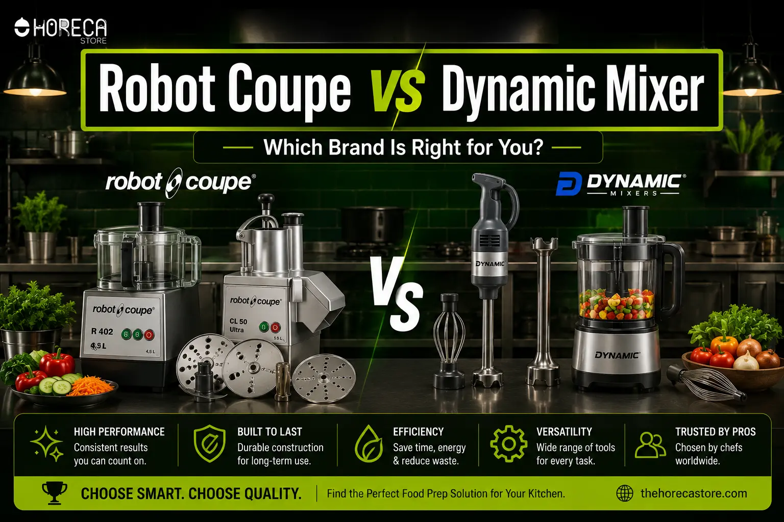 Compare Robot Coupe vs Dynamic Mixer for performance, durability, versatility, and food prep efficiency in commercial kitchens.