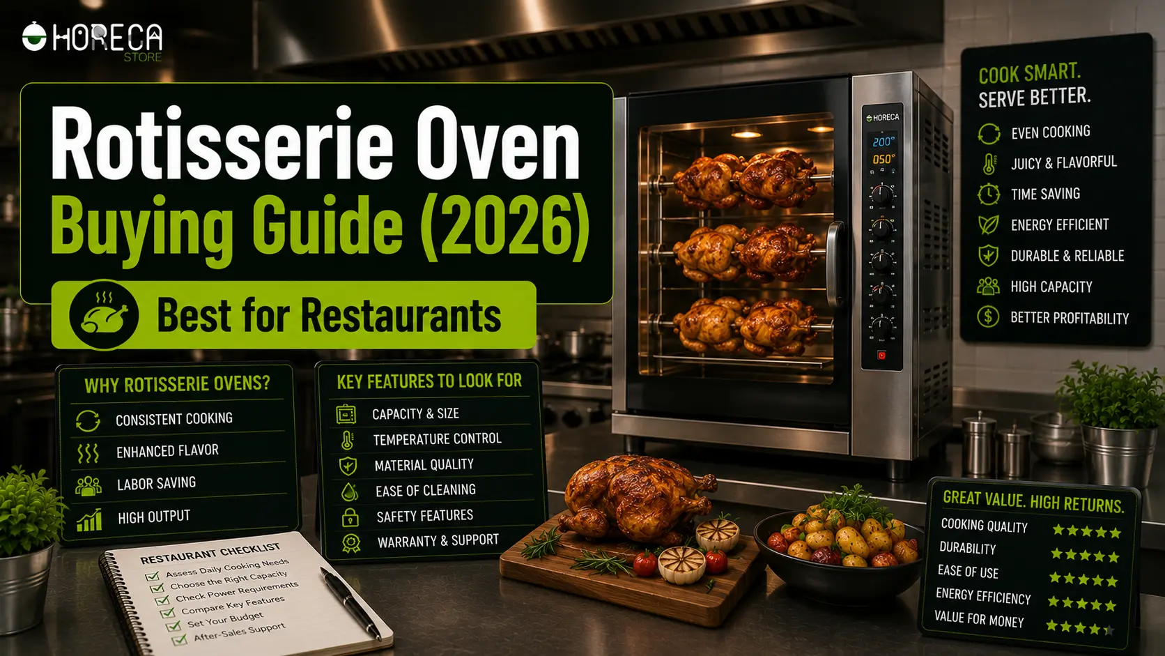 Learn how to choose the best commercial rotisserie oven for restaurants by comparing capacity, cooking performance, efficiency, durability, and cleaning.
