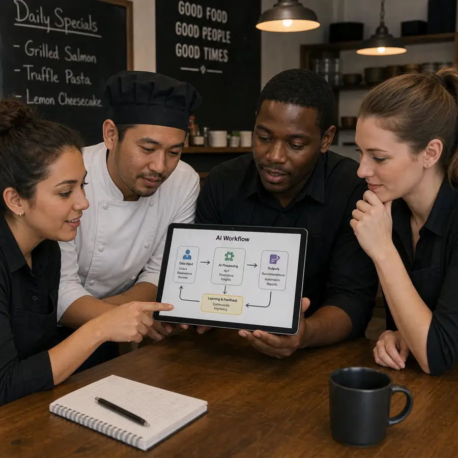 Restaurant AI playbook visual for automating guest conversations and operations